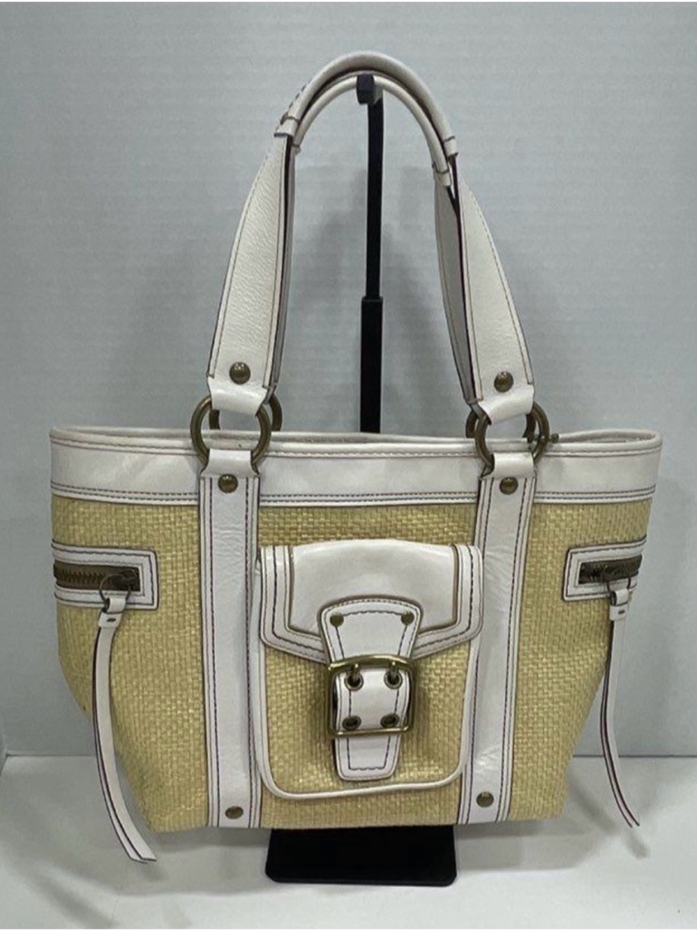Vintage Coach Cream & Straw Beige Tote with Buckle Front with red coach wallet